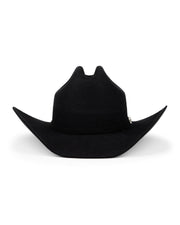 El San Marcos Texana Negra de Tucson Hats es un sombrero vaquero negro de copa alta y ala ancha, fabricado en 100% lana sombrero, ideal para vaqueros. Se muestra sobre un fondo blanco.